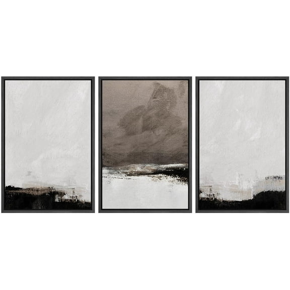 IDEA4WALL Framed Canvas Print Wall Art Set of 3 Abstract Earth Tone Landscape Modern Art Pastel Gray & Brown & Black Digital Art Colorful Contemporary Zen for Home Decor - Black 16"x24"x3
