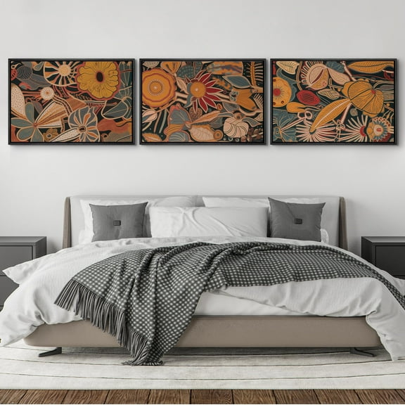 IDEA4WALL Framed Canvas Print Wall Art Set of 3 Abstract Floral and Fauna Vibrant Bohemian Garden Wall Decor Botanical Pattern Retro Prints Nature Wildflowers Minimal Artwork - 16"x24"x3 Black