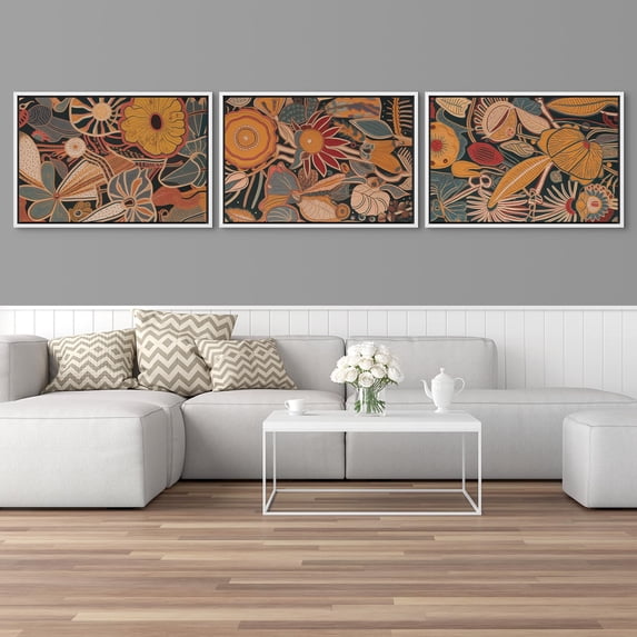 IDEA4WALL Framed Canvas Print Wall Art Set of 3 Abstract Floral and Fauna Vibrant Bohemian Garden Wall Decor Botanical Pattern Retro Prints Nature Wildflowers Minimal Artwork - 24"x36"x3 White