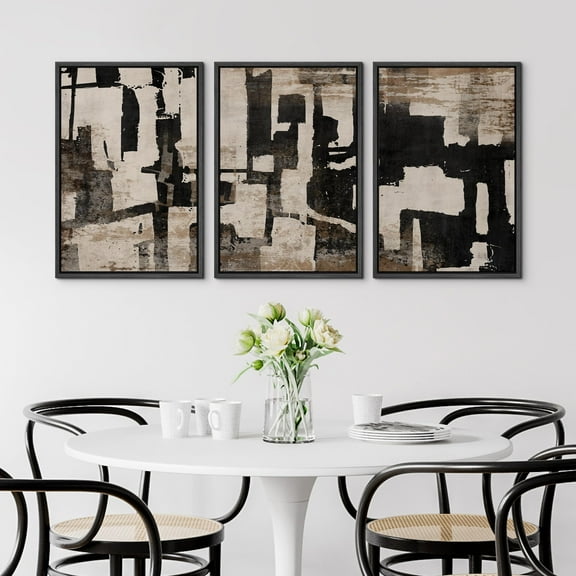 IDEA4WALL Framed Canvas Print Wall Art Set of 3 Abstract Geometric Blocks Illustration Black & Tan Vintage Wall Decor Industrial Style Graffiti Modern Digital Art - Black 16"x24"x3