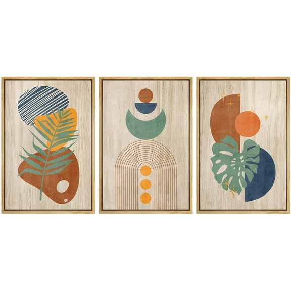 IDEA4WALL Framed Canvas Print Wall Art Set of 3 Abstract Symbol with Orange Sun Geometric Shapes Illustrations Modern Art Boho Decorative Colorful Chic Artwork for Living Room - Natural 24"x36"x3