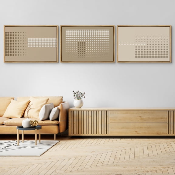 IDEA4WALL Framed Canvas Print Wall Art Set of 3 Beige and White Dot Gradient Abstract Pattern Digital Art Retro Geometric Duotone Prints Modern Art Contemporary Minimal Artwork - 16"x24"x3 Natural