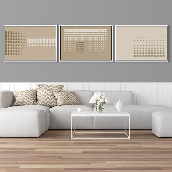 IDEA4WALL Framed Canvas Print Wall Art Set of 3 Beige and White Dot Gradient Abstract Pattern Digital Art Retro Geometric Duotone Prints Modern Art Contemporary Minimal Artwork - 24"x36"x3 White