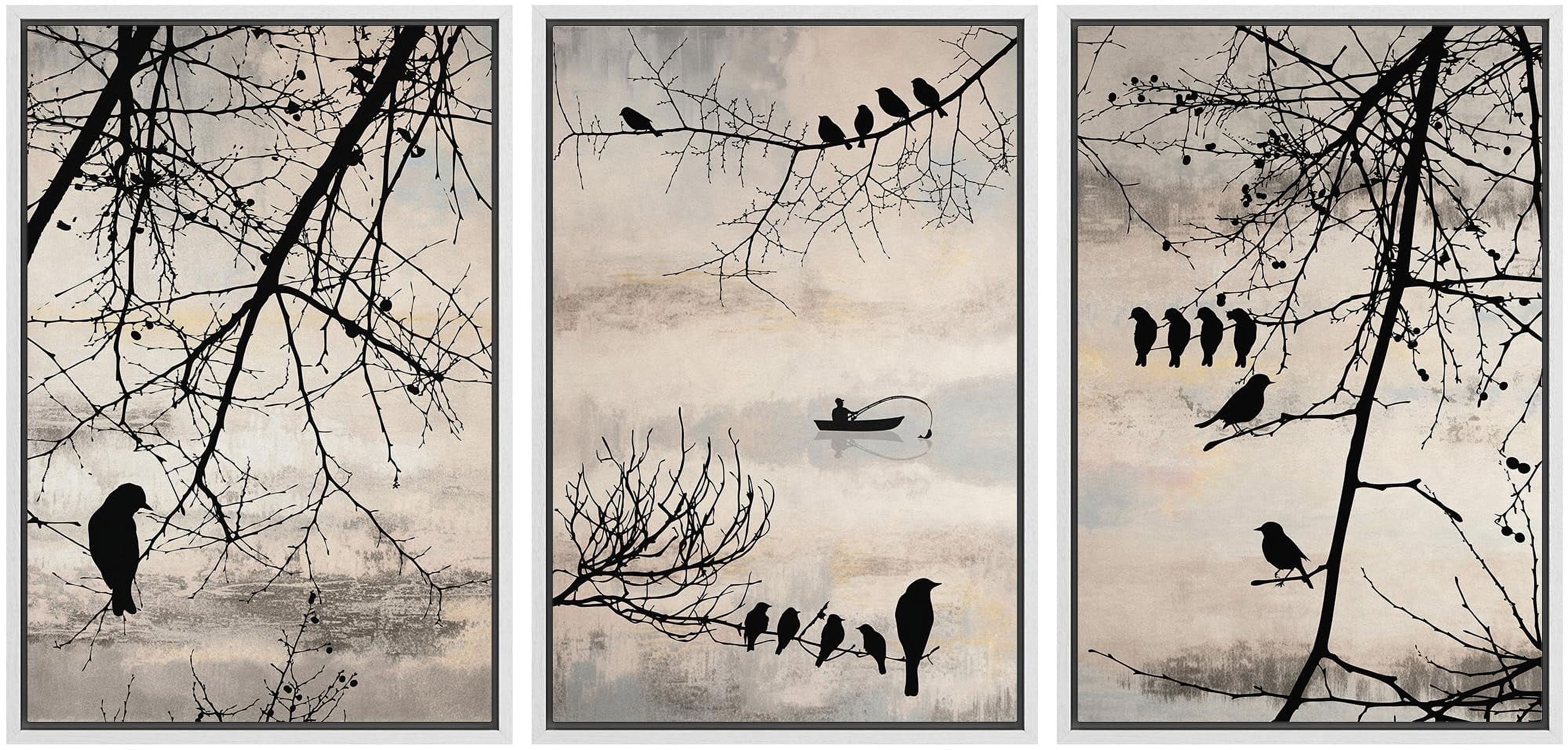 IDEA4WALL Framed Canvas Print Wall Art Set of 3 Birds in Trees ...