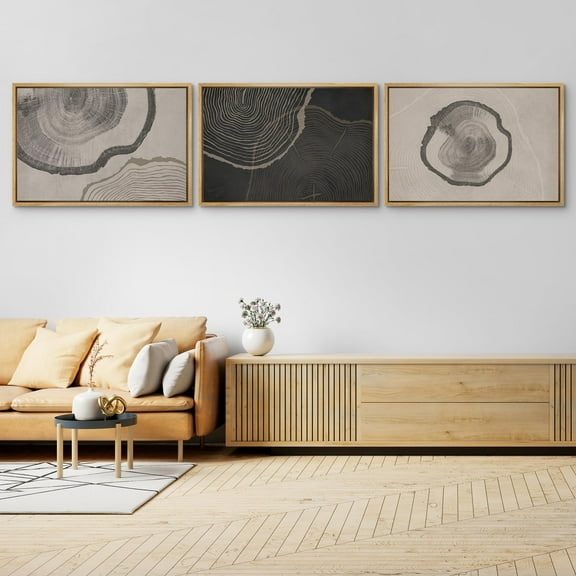 IDEA4WALL Framed Canvas Print Wall Art Set of 3 Black & Beige Wood Tree Ring Spirals Pattern Posters Wall Decor Retro Abstract Botanical Prints Farmhouse Country Artwork - 24"x36"x3 Natural