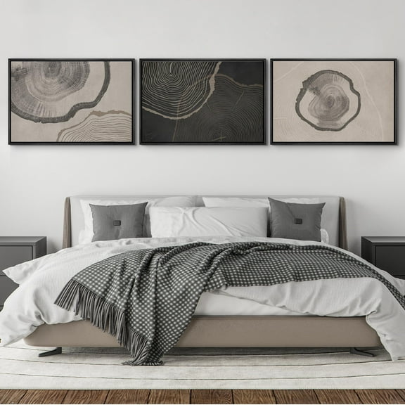 IDEA4WALL Framed Canvas Print Wall Art Set of 3 Black & Beige Wood Tree Ring Spirals Pattern Posters Wall Decor Retro Abstract Botanical Prints Farmhouse Country Artwork - 24"x36"x3 Black
