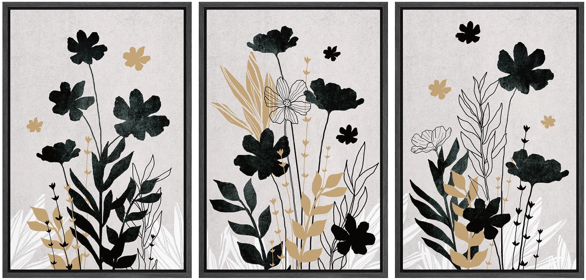 IDEA4WALL Framed Canvas Print Wall Art Set of 3 Black and Gold Midnight