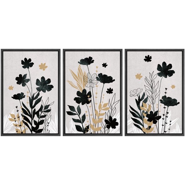 IDEA4WALL Framed Canvas Print Wall Art Set of 3 Black and Gold Midnight