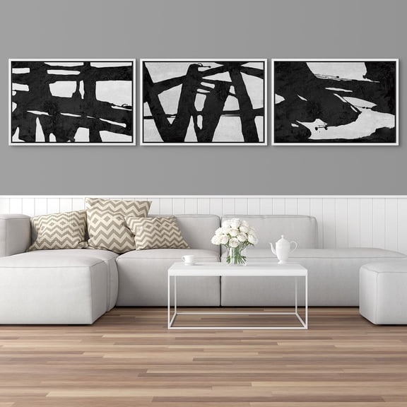 IDEA4WALL Framed Canvas Print Wall Art Set of 3 Black Ink Paint Stroke Grid Landscape Abstract Pattern Wall Decor Retro Geometric Graffiti Prints Contemporary Minimal Artwork - 16"x24"x3 White