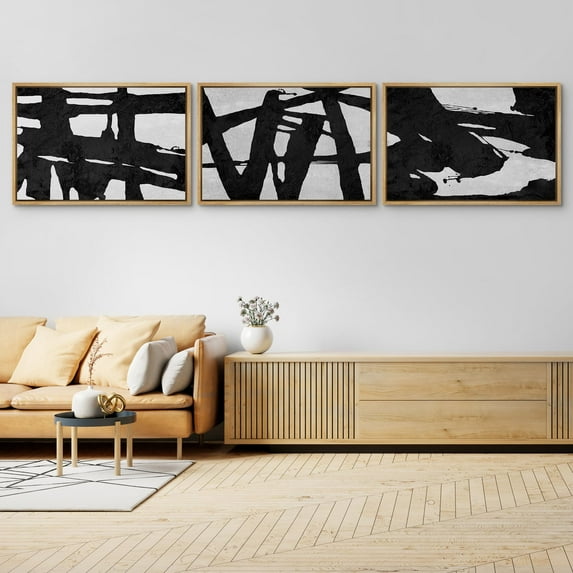 IDEA4WALL Framed Canvas Print Wall Art Set of 3 Black Ink Paint Stroke Grid Landscape Abstract Pattern Wall Decor Retro Geometric Graffiti Prints Contemporary Minimal Artwork - 16"x24"x3 Natural