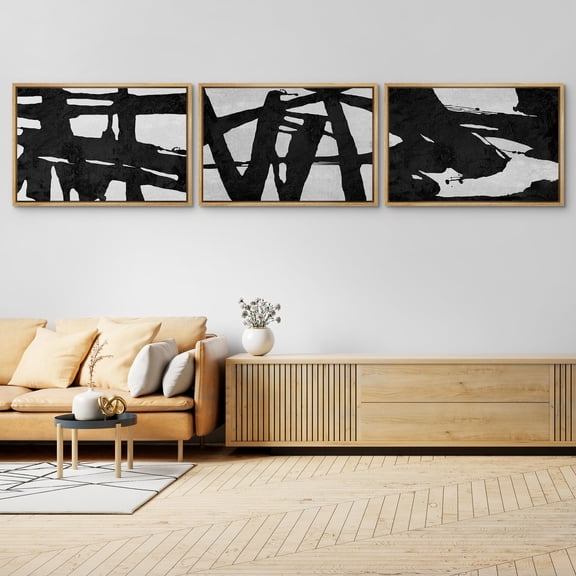 IDEA4WALL Framed Canvas Print Wall Art Set of 3 Black Ink Paint Stroke Grid Landscape Abstract Pattern Wall Decor Retro Geometric Graffiti Prints Contemporary Minimal Artwork - 16"x24"x3 Natural