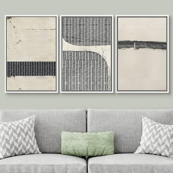 IDEA4WALL Framed Canvas Print Wall Art Set of 3 Black Tan Grunge Grid Polygon Pattern Abstract Shapes Cozy Neutral Modern Art Decorative Contemporary Minimal for Rooms - 24"x36"x3 White