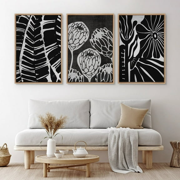 IDEA4WALL Framed Canvas Print Wall Art Set of 3 Black & White Wildflowers Prints Botanical Flowers Floral Illustration Art Vintage Nature Wilderness Artwork for Room Decor - Natural 24"x36"x3