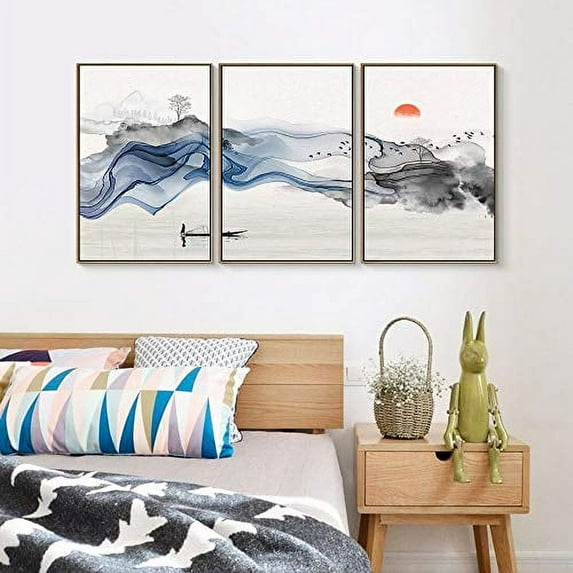 IDEA4WALL Framed Canvas Print Wall Art Set of 3 Blue & Dark Smoke Over Fisherman & Red Sun Abstract Shapes Modern Art Decor Nature Minimalist Geometric Artwork for Rooms - Natural 24"x36"x3