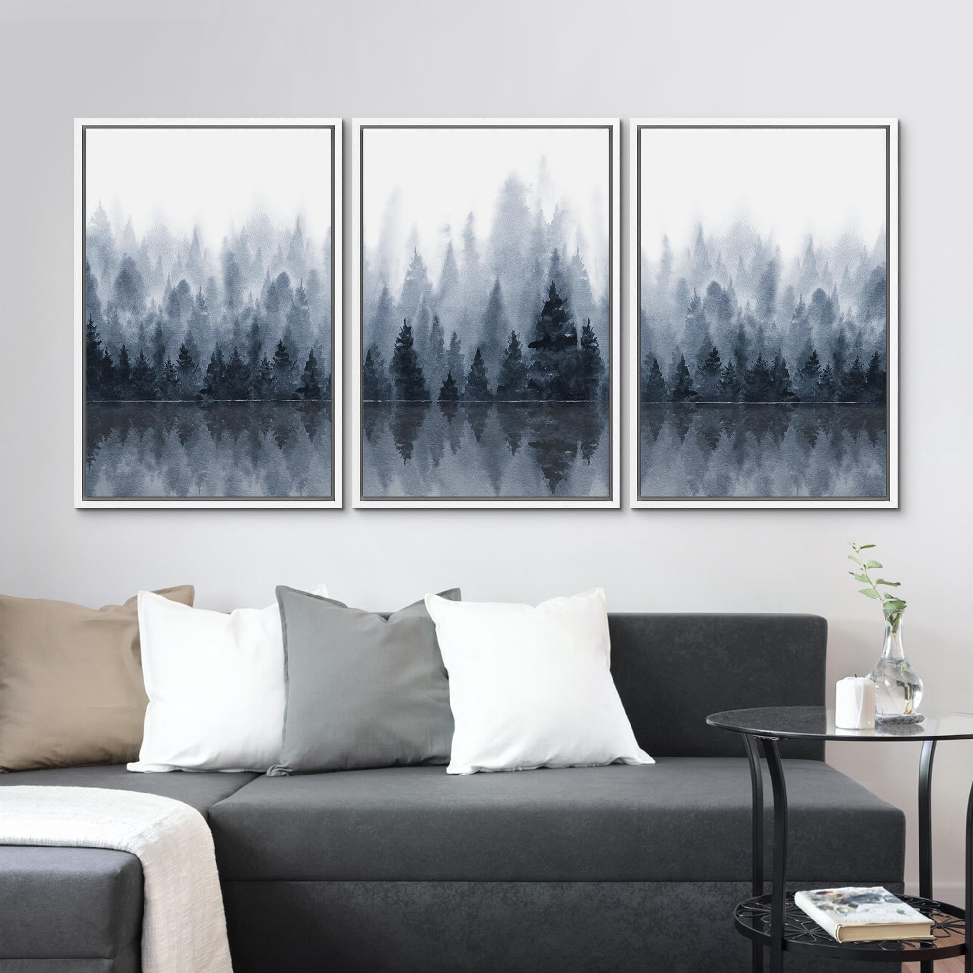 IDEA4WALL Framed Canvas Print Wall Art Set of 3 Blue Forest Pine Tree ...
