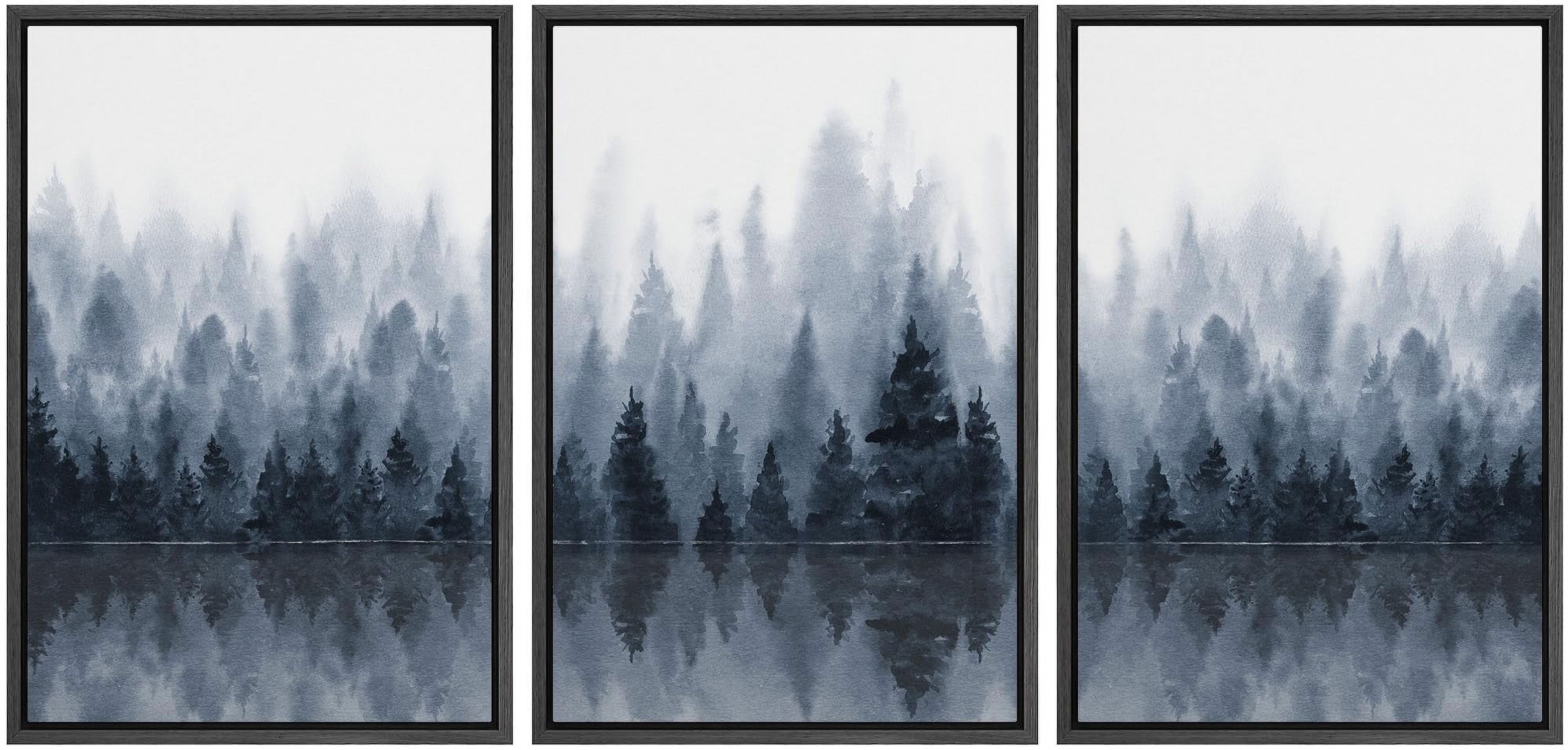 IDEA4WALL Framed Canvas Print Wall Art Set of 3 Blue Forest Pine Tree ...