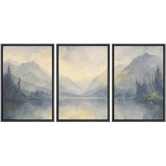 IDEA4WALL Framed Canvas Print Wall Art Set of 3 Blue and Gray Misty Mountain and Forest Illustrations Pastel Digital Art Contemporary Artwork Zen Relax/Clam for Home Decor - Black 16"x24"x3