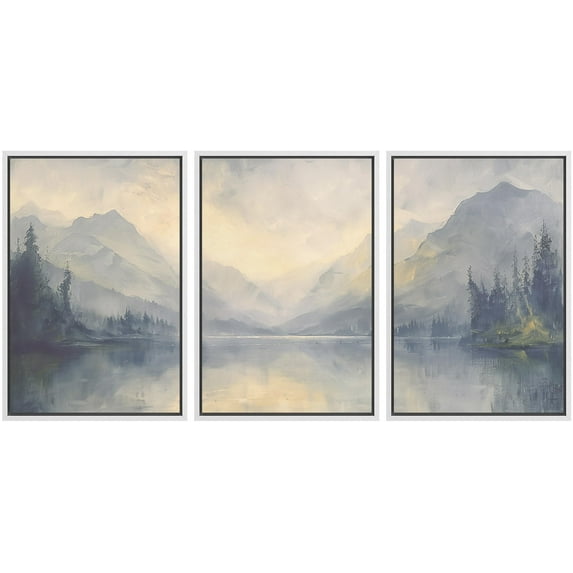 IDEA4WALL Framed Canvas Print Wall Art Set of 3 Blue and Gray Misty Mountain and Forest Illustrations Pastel Digital Art Contemporary Artwork Zen Relax/Clam for Home Decor - White 24"x36"x3