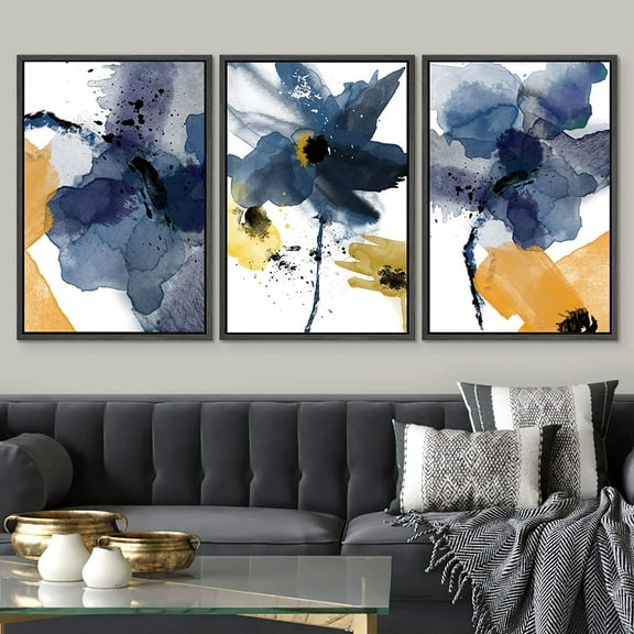 IDEA4WALL Framed Canvas Print Wall Art Set of 3 Blue and Orange Blossoms Botanical Flower Watercolor Artwork Nature Tropical Plants Modern Art for Entryway, Bedroom, Office - 16"x24"x3 Black