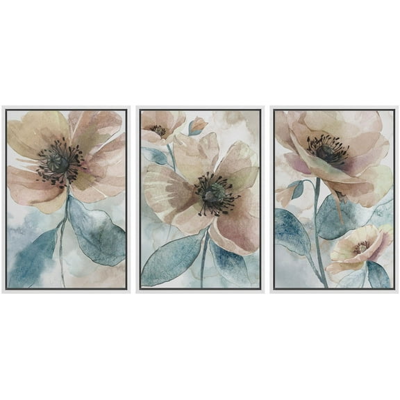 IDEA4WALL Framed Canvas Print Wall Art Set of 3 Blue Tree Landscape Nature Wilderness Watercolor Floral Modern Art Boho Abstract Decorative Rustic Chic Artwork for Home Decor - White 24"x36"x3