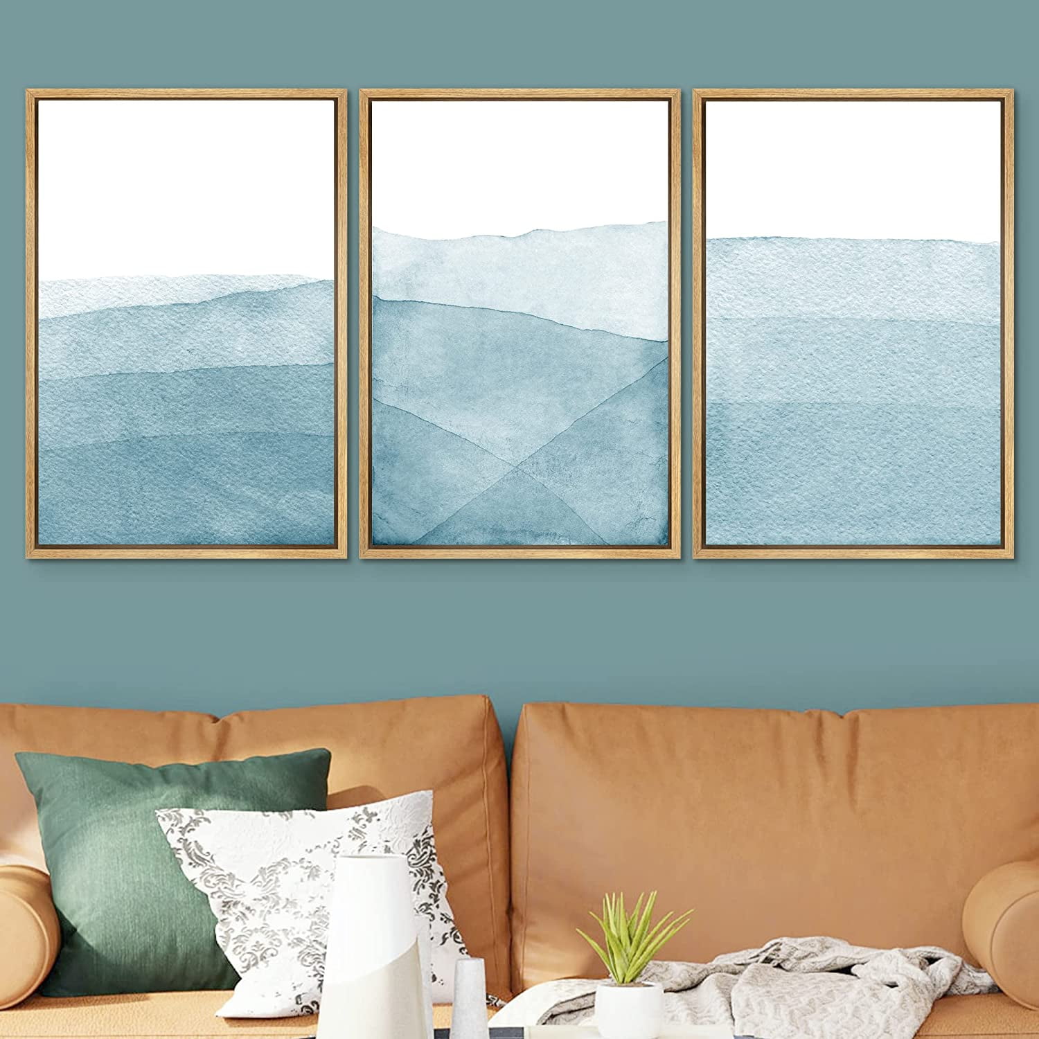 IDEA4WALL Framed Canvas Print Wall Art Set of 3 Blue Wash Brushstroke ...