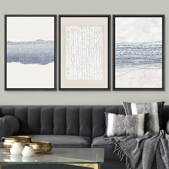 IDEA4WALL Framed Canvas Print Wall Art Set of 3 Blue White Grunge Geometric Pattern Abstract Shapes Cozy Neutral Modern Art Decorative Contemporary Minimal for Rooms - 24"x36"x3 Black
