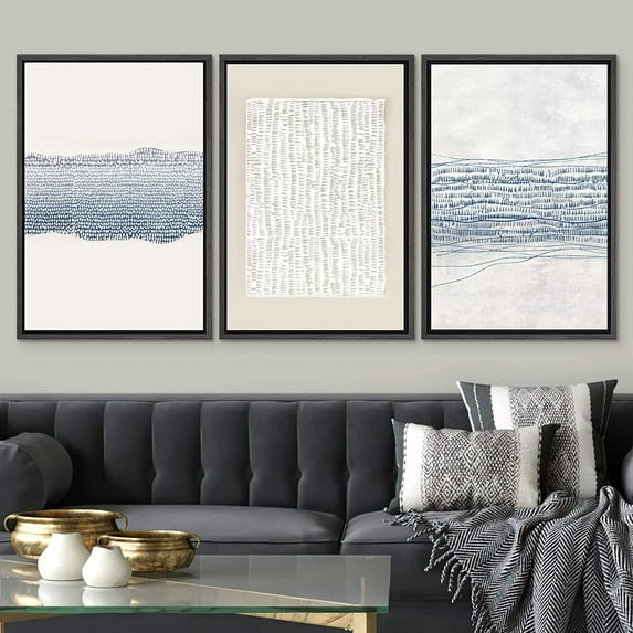 IDEA4WALL Framed Canvas Print Wall Art Set of 3 Blue White Grunge Geometric Pattern Abstract Shapes Cozy Neutral Modern Art Decorative Contemporary Minimal for Rooms - 16"x24"x3 Black
