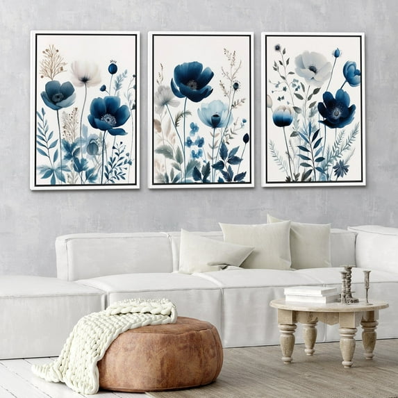 IDEA4WALL Framed Canvas Print Wall Art Set of 3 Blue Wildflowers Floral Illustration Art Vintage Wilderness Wall Decor Vivid Flowers Prints Minimalist Artwork for Room Decor - White 24"x36"x3