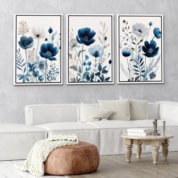 IDEA4WALL Framed Canvas Print Wall Art Set of 3 Blue Wildflowers Floral Illustration Art Vintage Wilderness Wall Decor Vivid Flowers Prints Minimalist Artwork for Room Decor - White 16"x24"x3