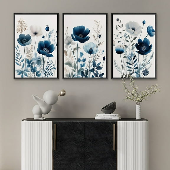 IDEA4WALL Framed Canvas Print Wall Art Set of 3 Blue Wildflowers Floral Illustration Art Vintage Wilderness Wall Decor Vivid Flowers Prints Minimalist Artwork for Room Decor - Black 16"x24"x3