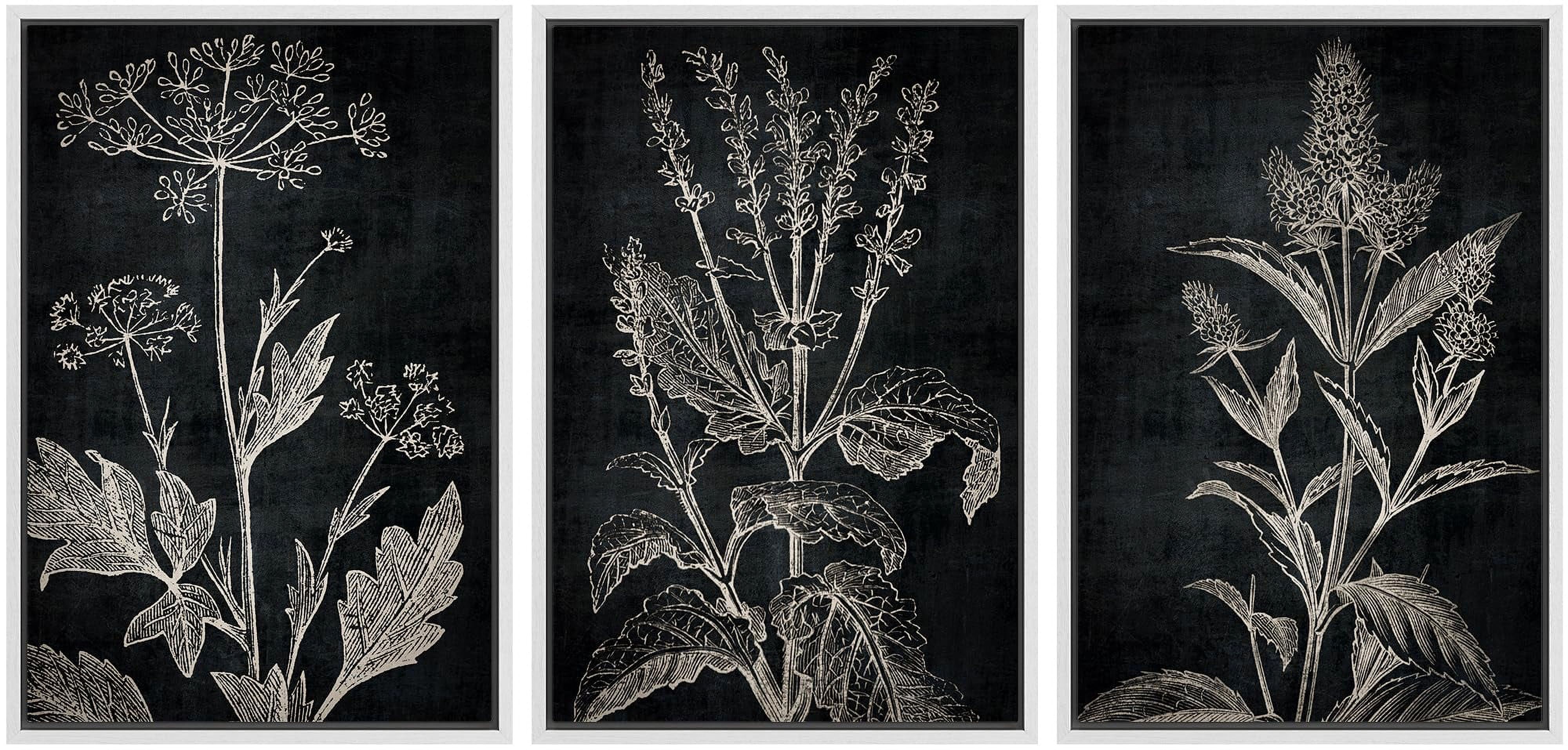 IDEA4WALL Framed Canvas Print Wall Art Set of 3 Botanical Sketch Black ...