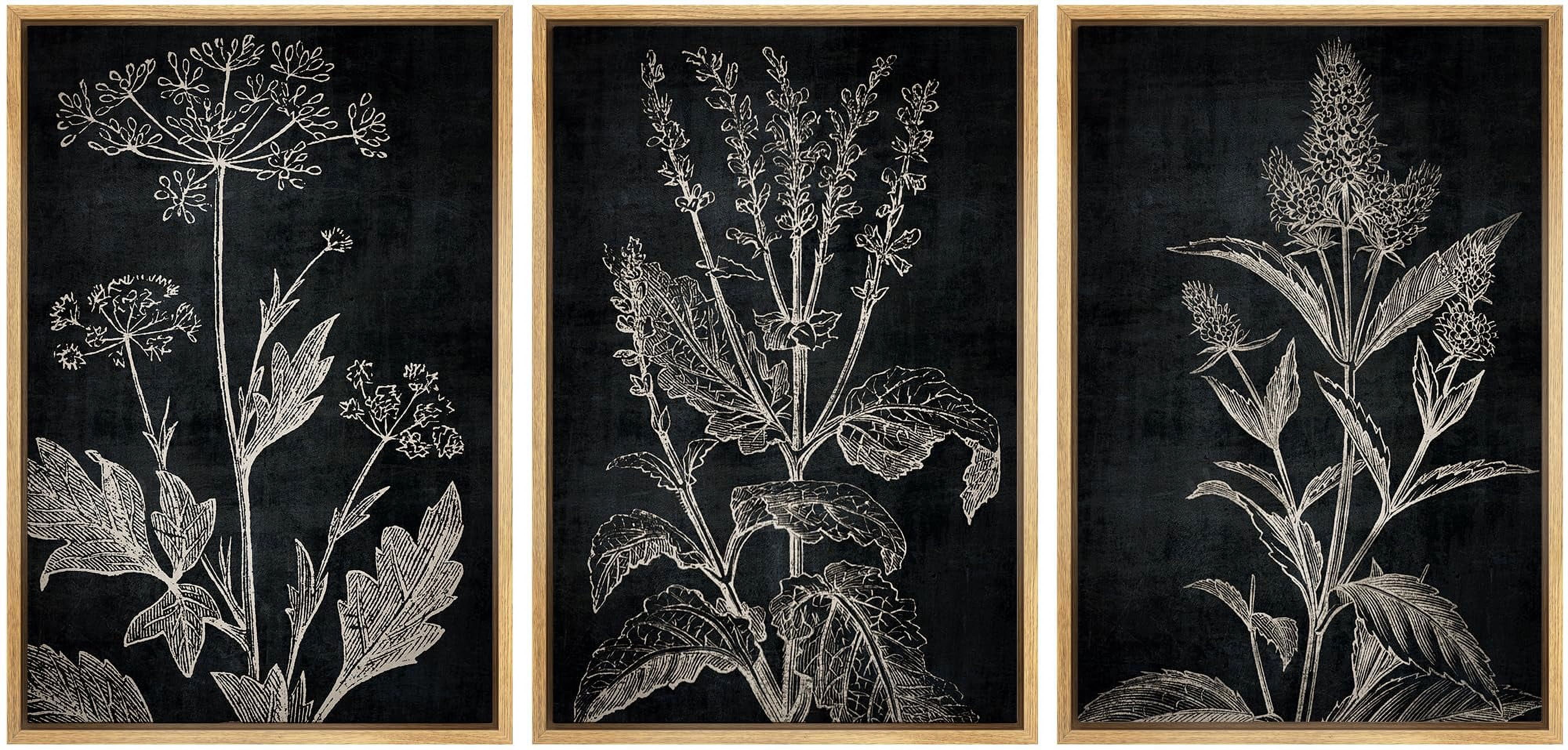 IDEA4WALL Framed Canvas Print Wall Art Set of 3 Botanical Sketch Black ...