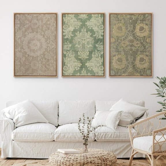 IDEA4WALL Framed Canvas Print Wall Art Set of 3 Botanical Tapestry Art Vintage Floral Wall Decor Flowers Retro Pattern Prints Farmhouse Country Artwork for Room Decor - Natural 24"x36"x3