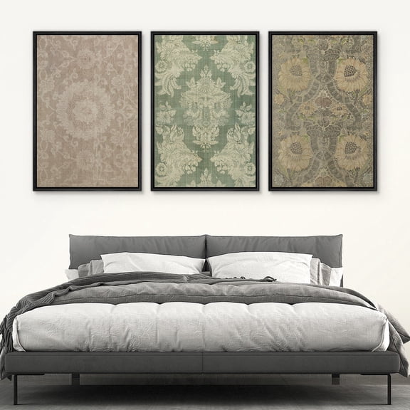 IDEA4WALL Framed Canvas Print Wall Art Set of 3 Botanical Tapestry Art Vintage Floral Wall Decor Flowers Retro Pattern Prints Farmhouse Country Artwork for Room Decor - Black 24"x36"x3