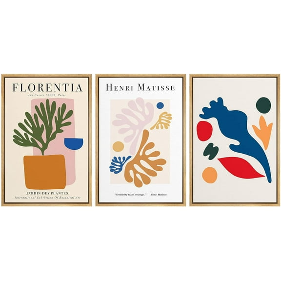 IDEA4WALL Framed Canvas Print Wall Art Set of 3 Colorful Abstract Floral by Henri Matisse Fine Art Famous Paintings Wall Decor Botanical Illustration Prints Minimal Artwork - Natural 24"x36"x3
