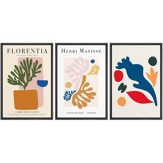 IDEA4WALL Framed Canvas Print Wall Art Set of 3 Colorful Abstract Floral by Henri Matisse Fine Art Famous Paintings Wall Decor Botanical Illustration Prints Minimal Bohemian Artwork - Black 16"x24"x3