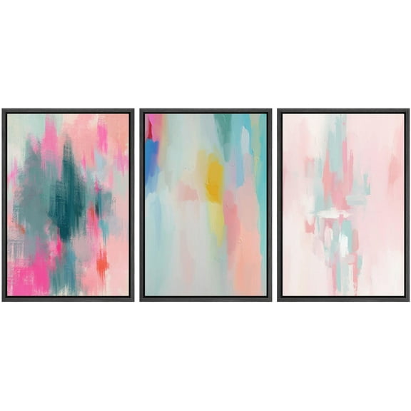 IDEA4WALL Framed Canvas Print Wall Art Set of 3 Colorful Abstract Prints Minimalist Modern Wall Art Preppy Room Art Prints Rainbow Vividness Pastels Artwork for Home Decor - Black 24"x36"x3