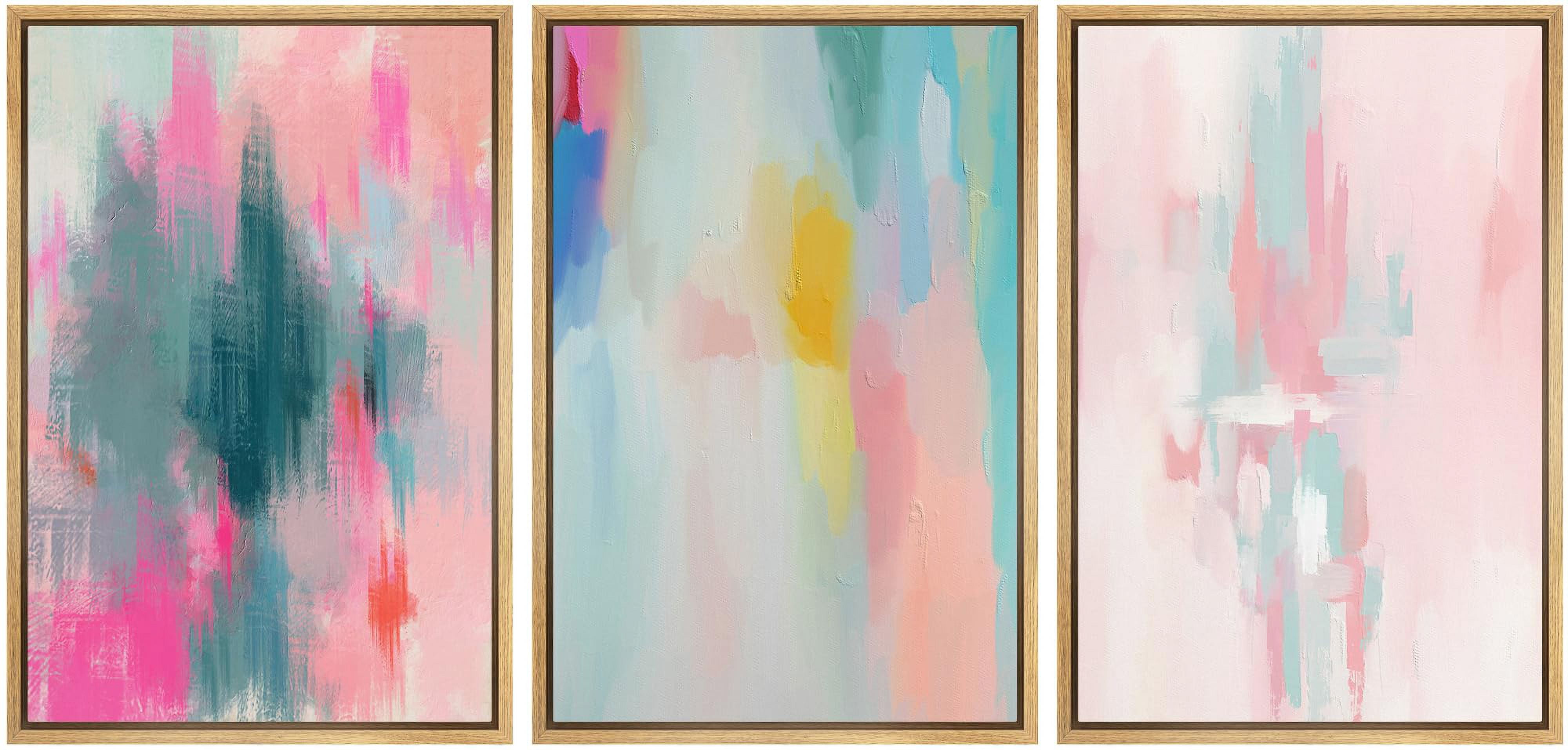 Natural Framed Colorful Abstract Canvas Wall Art Set 24"x36"