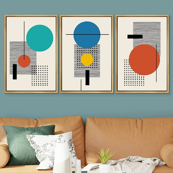 IDEA4WALL Framed Canvas Print Wall Art Set of 3 Colorful Boho Art Geometric Patterns Abstract Urban Multicolor Metallic Decoration for Living Room, Bedroom, Office - 16"x24"x3 Natural