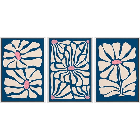 IDEA4WALL Framed Canvas Print Wall Art Set of 3 Daisy Geometric Flowers Prints Spring Botanical Floral Illustration Art Nature Wilderness Vintage Artwork Boho for Room Decor - White 16"x24"x3