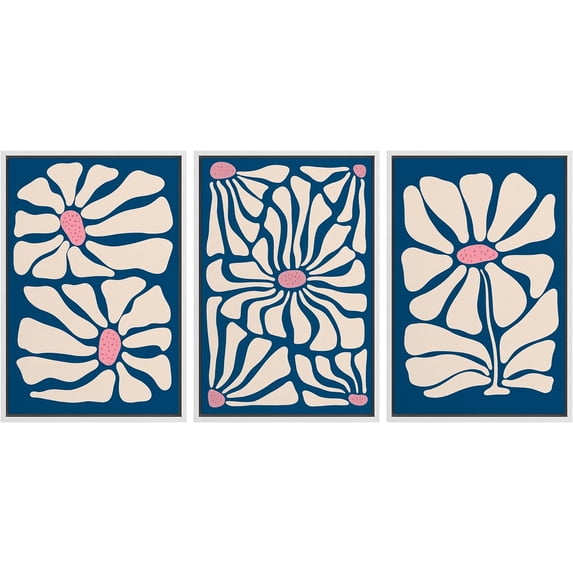 IDEA4WALL Framed Canvas Print Wall Art Set of 3 Daisy Geometric Flowers Prints Spring Botanical Floral Illustration Art Nature Wilderness Vintage Artwork Boho for Room Decor - White 24"x36"x3
