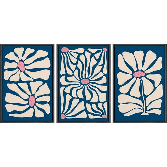 IDEA4WALL Framed Canvas Print Wall Art Set of 3 Daisy Geometric Flowers Prints Spring Botanical Floral Illustration Art Nature Wilderness Vintage Artwork Boho for Room Decor - Black 24"x36"x3