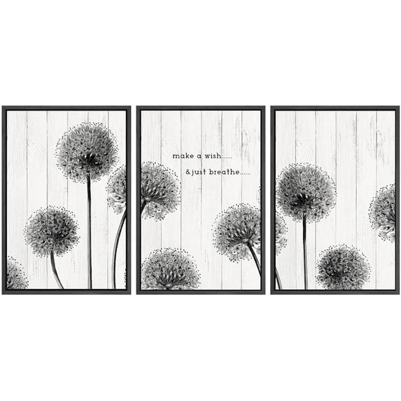 IDEA4WALL Framed Canvas Print Wall Art Set of 3 Dark Dandelion Flowers on Wood Background Wall Decor Retro Vintage Nature Wilderness Botanical Floral Prints Minimal Bohemian Artwork - Black 16"x24"x3