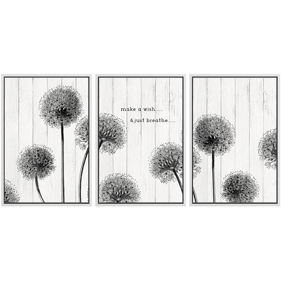 IDEA4WALL Framed Canvas Print Wall Art Set of 3 Dark Dandelion Flowers on Wood Background Wall Decor Retro Vintage Nature Wilderness Botanical Floral Prints Minimal Bohemian Artwork - White 16"x24"x3