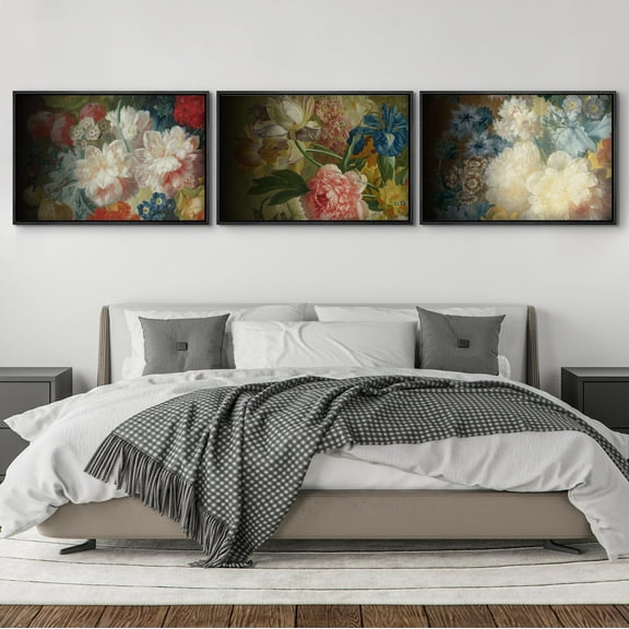 IDEA4WALL Framed Canvas Print Wall Art Set of 3 Dark Flower Garden Colorful Pastel Vintage Art Wall Decor Floral Botanical Retro Prints Nature Wildflowers Minimal Artwork - 16"x24"x3 Black