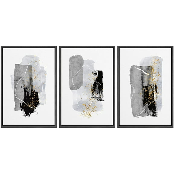 IDEA4WALL Framed Canvas Print Wall Art Set of 3 Dark Pastel Paint Stroke Collage Illustrations Abstract Geometric Modern Art Color Block Wall Decorative Artwork for Room Decor - Black 16"x24"x3