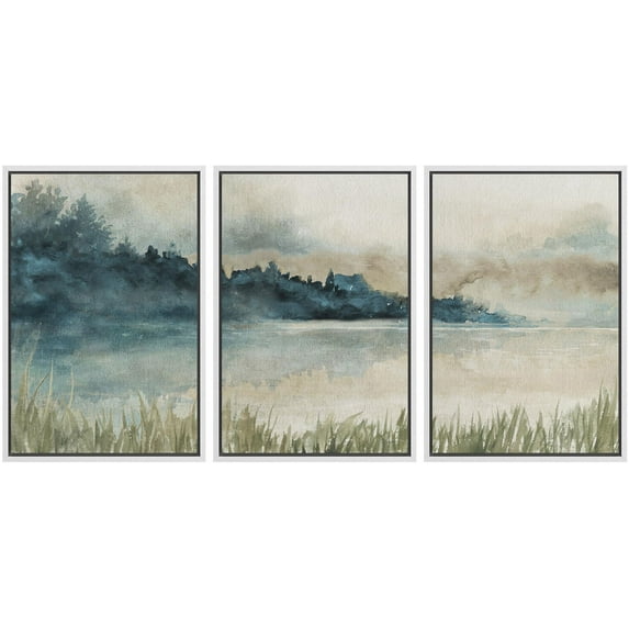 IDEA4WALL Framed Canvas Print Wall Art Set of 3 Dusk Hues Abstract Watercolor Peaceful Lake Abstract Landscape Nature Wilderness Geometric Wall Decorative for Rooms - White 24"x36"x3