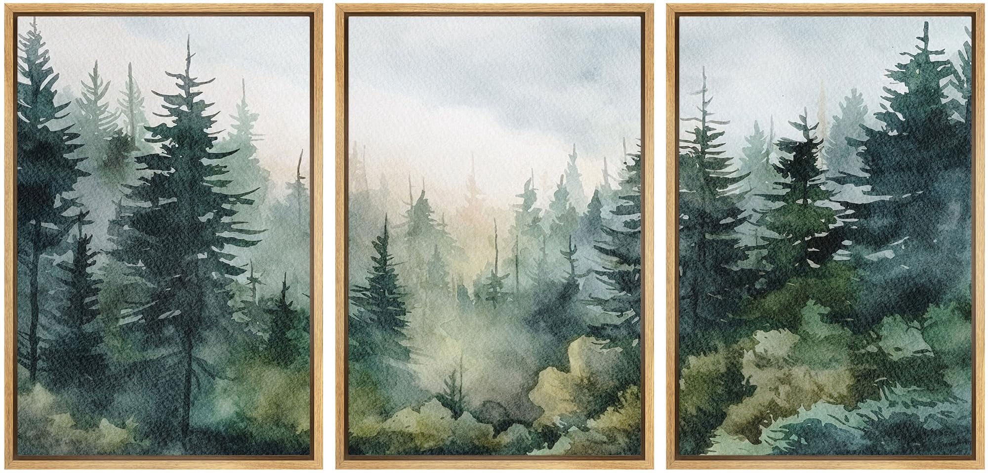 IDEA4WALL Framed Canvas Print Wall Art Set of 3 Enchanted Forest Mist ...