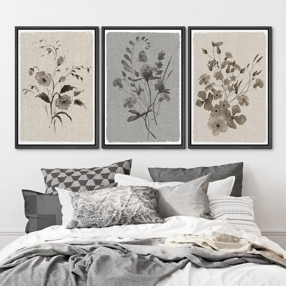 IDEA4WALL Framed Canvas Print Wall Art Set of 3 Floral Botanical Retro Wildflower Bouquet Vintage Classic Illustrations Fine Art Zen Country/Farmhouse Rustic for Home Decor - Black 16"x24"x3