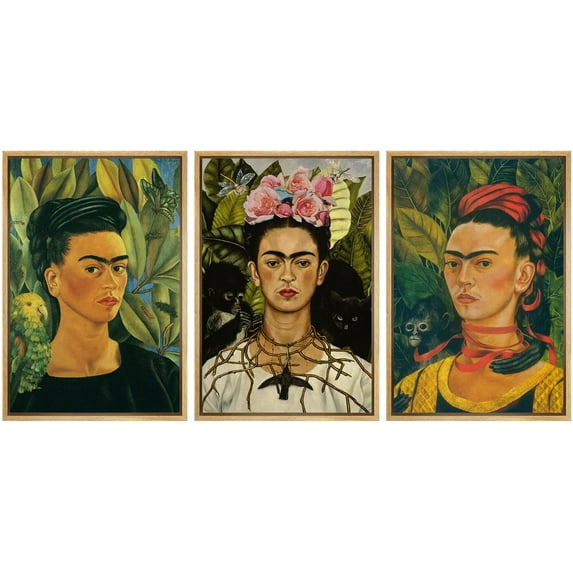 IDEA4WALL Framed Canvas Print Wall Art Set of 3 Floral Self Portraits by Frida Khalo Retro Art Vintage Nature & Humanities Artwork Colorful Vivid Art Prints for Home Decor - Natural 16"x24"x3